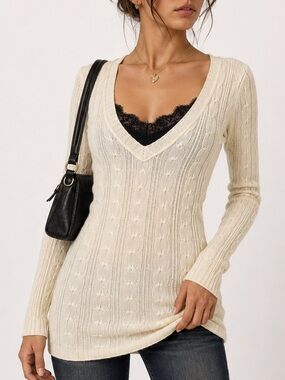 Active Basic Vintage Y2K Cream Cable Knit Sweater Bodycon V-Neck Small